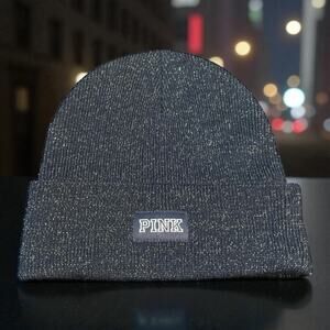 Victoria's Secret PINK Knit Beanie Hat Gray Silver Shimmer Sparkle Logo Cuff Cap